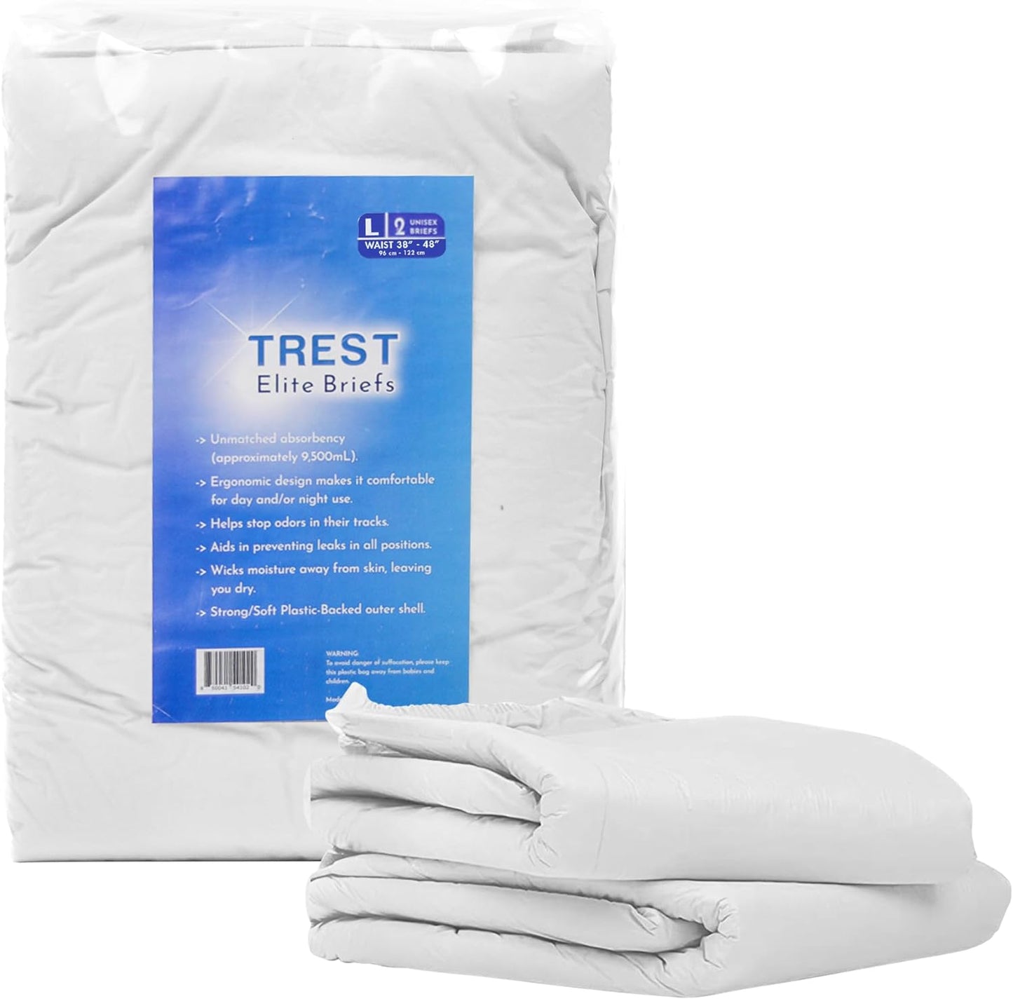 TREST Elite Briefs for Men and Women, Overnight Diapers for Incontinence, Elite Absorbency, Comfortable, Odor Neutralizing and Secure Fit with 2 Wide Tabs - White, Large (Pack of 2)