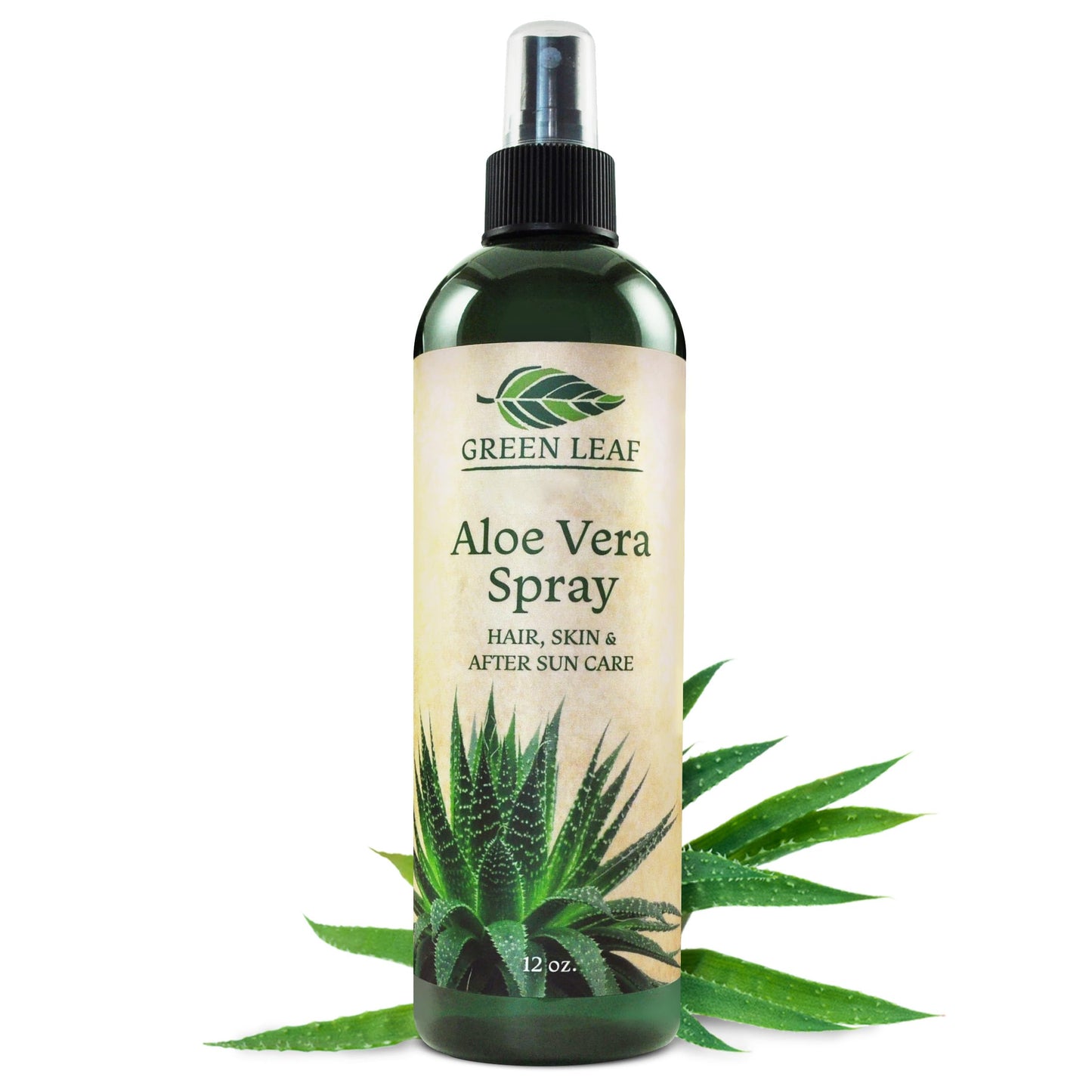 Green Leaf Aloe Vera Spray 99% Pure Cold-Pressed Aloe Vera Juice, for Hair, Skin & Face Moisturizer, Fast Absorption After Sun Care, Sunburn Relief & Solar Recovery Spray| 12oz |Aloevera Body Spray