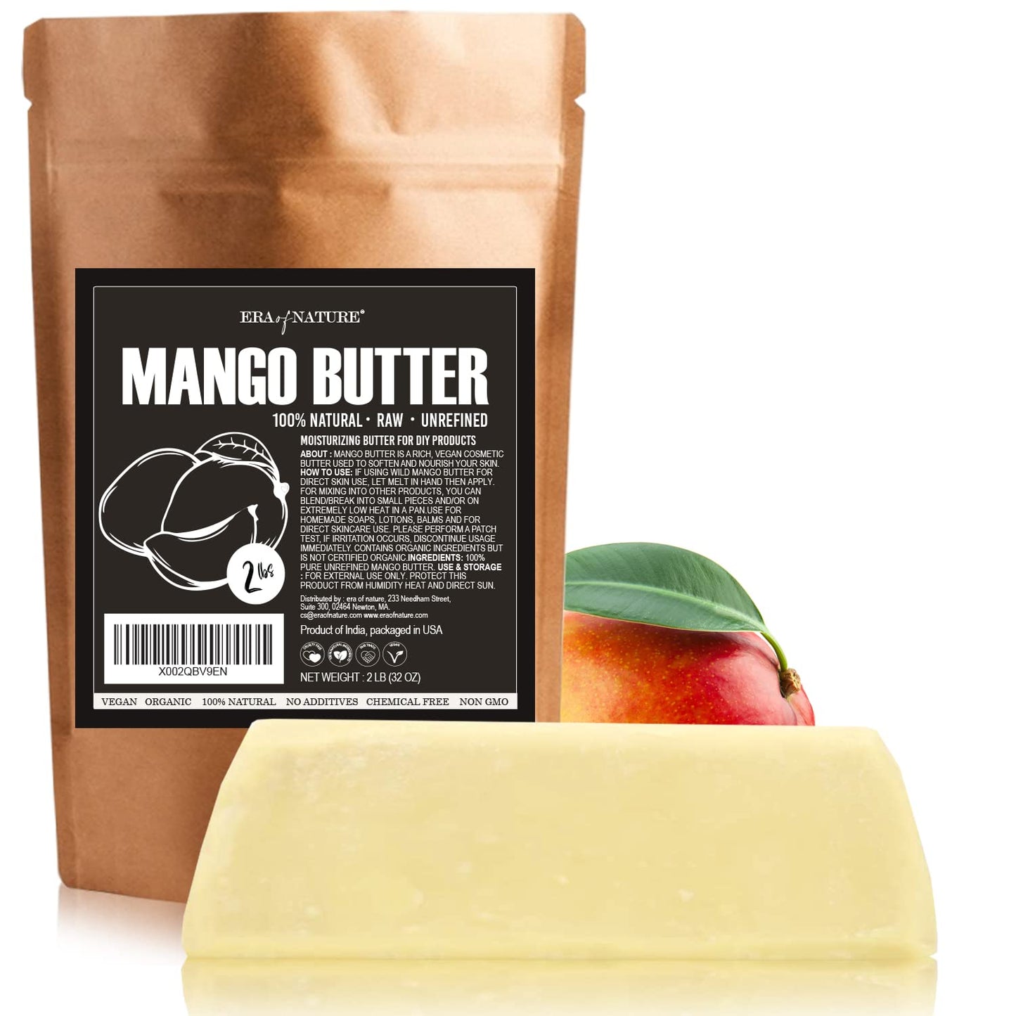 era of nature Organic Unrefined Raw MANGO BUTTER BLOCK Bulk, Skin Moisturizing, Use Alone or in DIY Body Butters, Soaps, Lotions and lip balm - 2lb (32oz)
