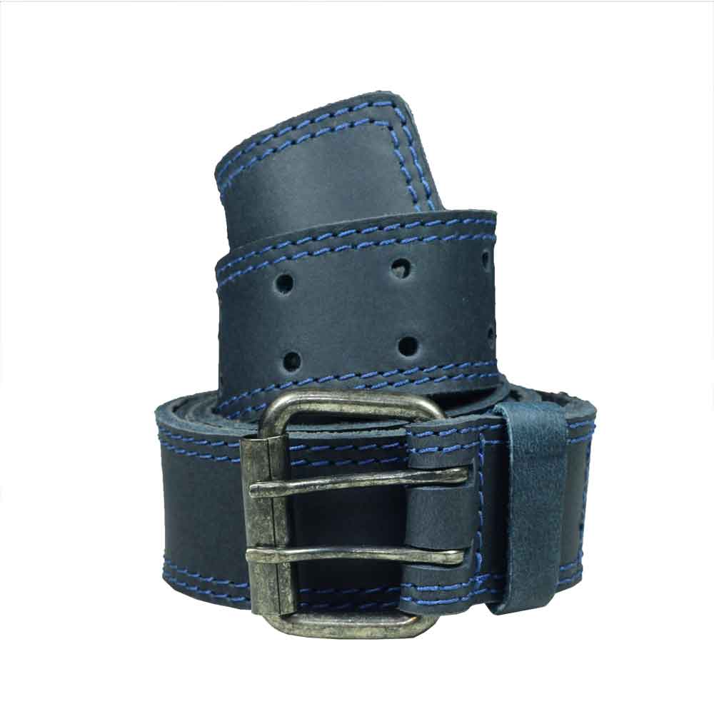 Two Row Stitch Leather Belt / Rustic Double Prong Buckle, 1.5" Wide