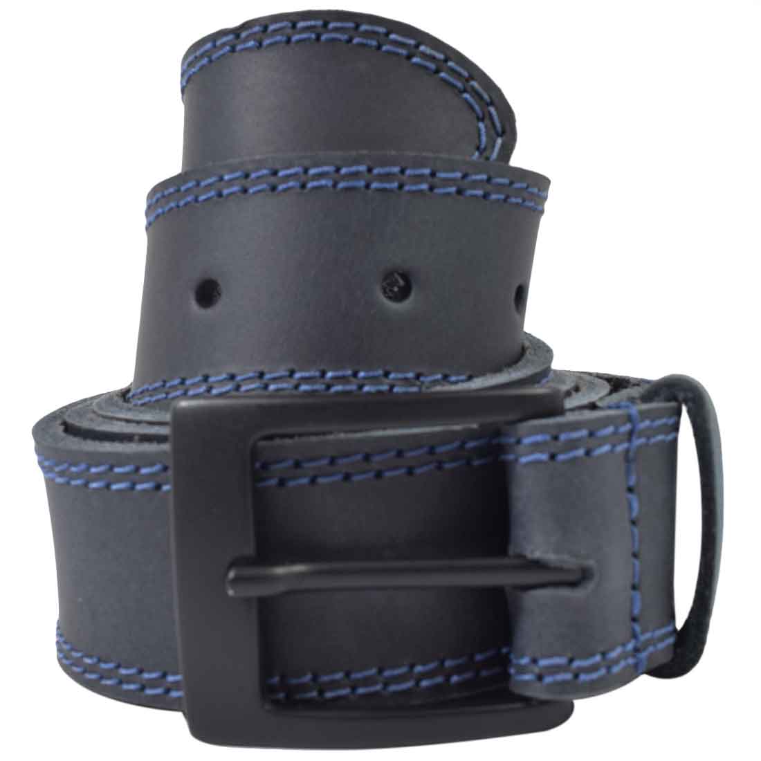 Two Row Stitch Leather Belt / Rustic Charcoal Buckle, 1.25" Wide