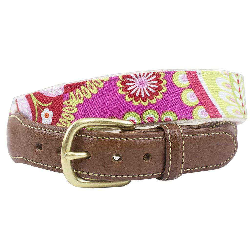 Pink Paisley Leather Tab Belt on Natural Canvas by Country Club Prep - Country Club Prep