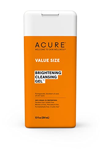 Acure Brightening Cleansing Gel Value Size, 100% Vegan for A Brighter Appearance, Pomegranate, Blackberry & Acai, Antioxidant, Rich & Super Gentle, All Skin Types, Superfruit + Chlorella, 12 Fl Oz