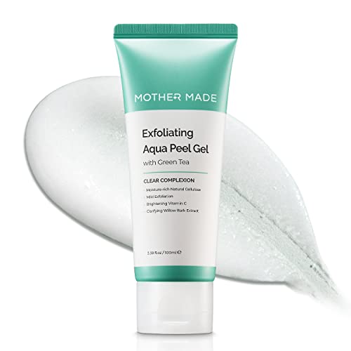 MOTHER MADE Exfoliating Vegan Facial Peeling Gel with Green Tea, Vitamin E, Hyaluronic Acid, 3.38 fl. oz.| Gentle Natural Face Scrub Exfoliator, Cleansing, Physical Peel, Korean Skincare