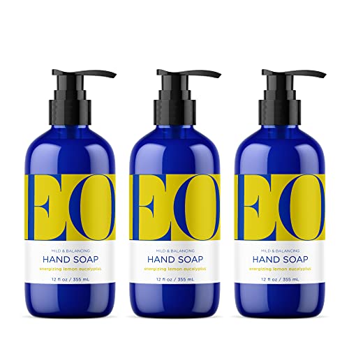 EO Liquid Hand Soap, 12 Ounce (Pack of 3), Lemon and Eucalyptus, Organic Plant-Based Gentle Cleanser with Pure Essential Oils