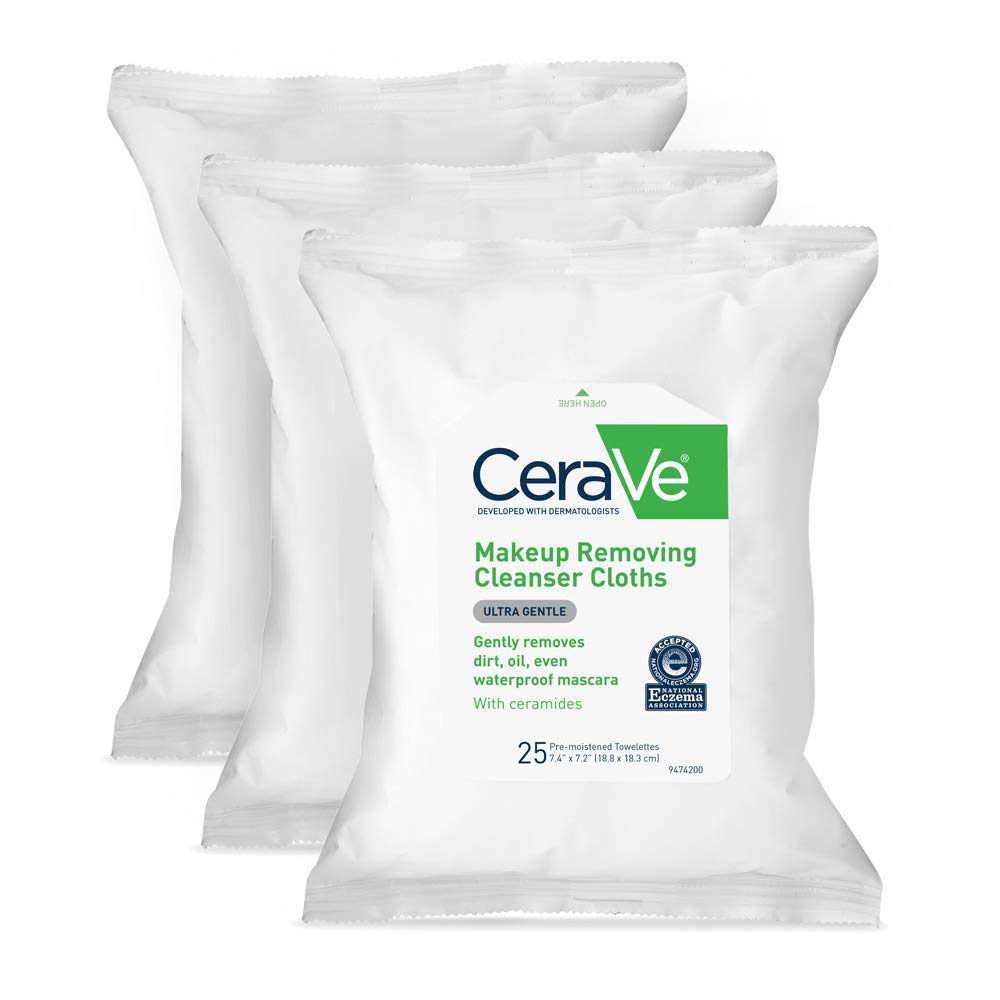 CeraVe Makeup Removing Cleanser Cloths, Wipes to Remove Dirt, Oil, & Waterproof Eye & Face Makeup, Fragrance Free, 25 Count (Pack of 3)
