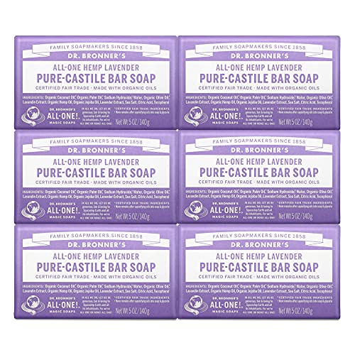 Dr. Bronner’s - Pure-Castile Bar Soap (Lavender, 5 ounce, 6-Pack) - Made with Organic Oils, For Face, Body and Hair, Gentle and Moisturizing, Biodegradable, Vegan, Cruelty-free, Non-GMO