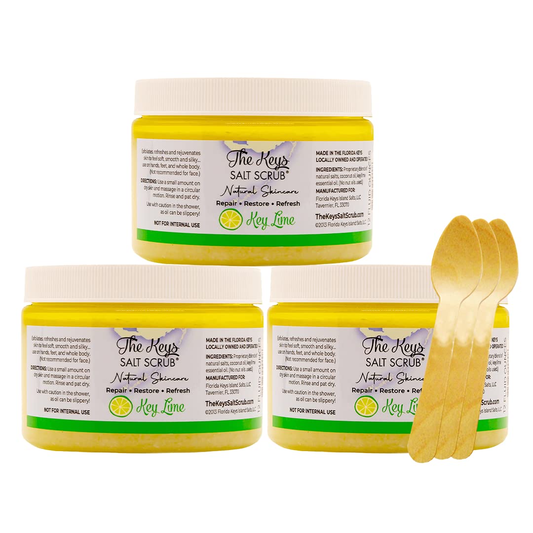 The Keys Sea Salt Scrub - Exfoliating Body Scrub with Wooden Spoon- Foot Scrub and Hand Scrub for men, women - Made with Pure Florida Sea Salt Organic Essential Oils (Key Lime, 3 Pack 12 oz).