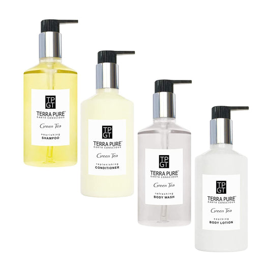 1-Shoppe Terra Pure Ecobox All-In-Kit | Green Tea Soap | 1 Shampoo, 1 Conditioner, 1 Body Lotion & 1 Body Wash | 10.14oz Hotel Soaps and Toiletries Bulk | Personal Care Products