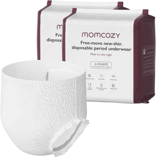 Momcozy Postpartum Disposable Underwear, 12 PCS No Leak New-Thin Built-in Pad Self-Absorbent Free-Move Period Underpants for Women Mothers Moms Labor Delivery Care