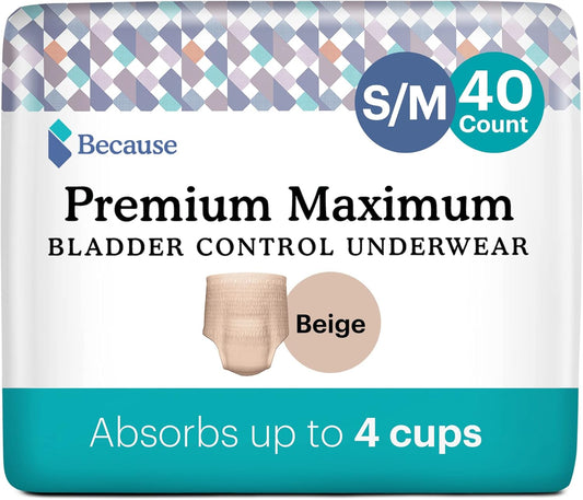 Because Premium Maximum Plus Pull Up Underwear for Women - Absorbent Bladder Protection with a Sleek, Invisible Fit - Beige Small/Medium 40 Count (2 Packs of 20)