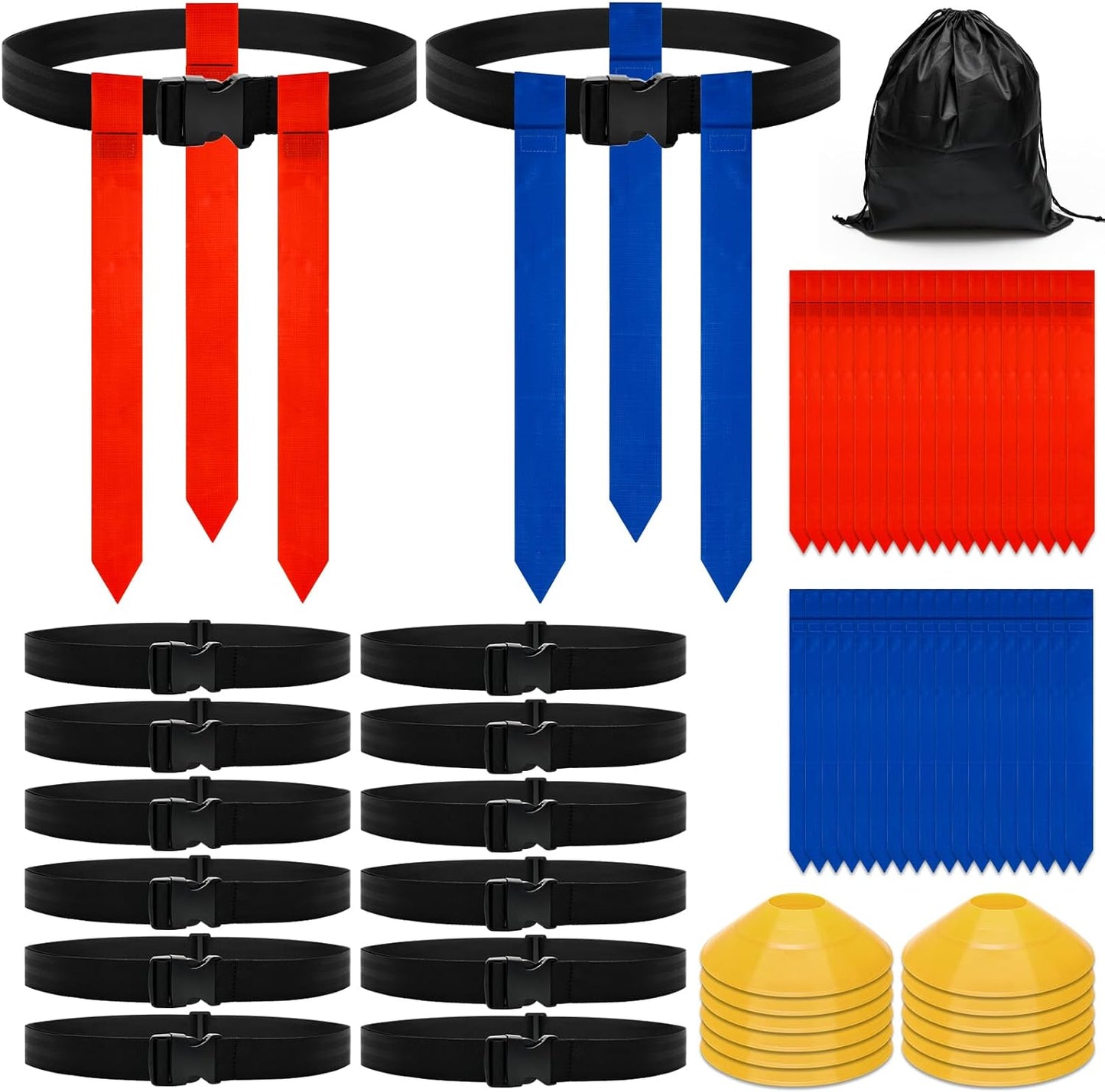 69PCS Flag Football Belts, Belts and Flags Kit with 42P Flags/ 14 Belts/ 12P Cones/Storage Bag for 14 Player Flag Football Set for Outdoor Sport Training