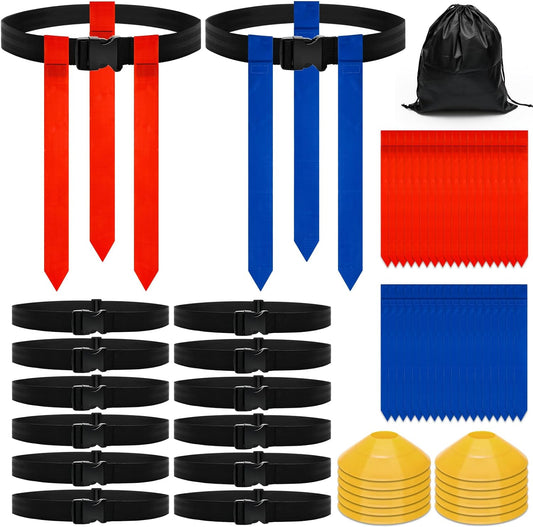69PCS Flag Football Belts, Belts and Flags Kit with 42P Flags/ 14 Belts/ 12P Cones/Storage Bag for 14 Player Flag Football Set for Outdoor Sport Training