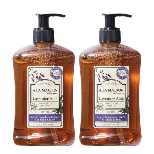 A LA MAISON Liquid Hand Soap, Lavender Aloe - Uses: Hand and Body - Triple French Milled, Essential Oils, Plant Based, Vegan, Cruelty-Free, Alcohol & Paraben Free (16.9 oz, 2 Pack)
