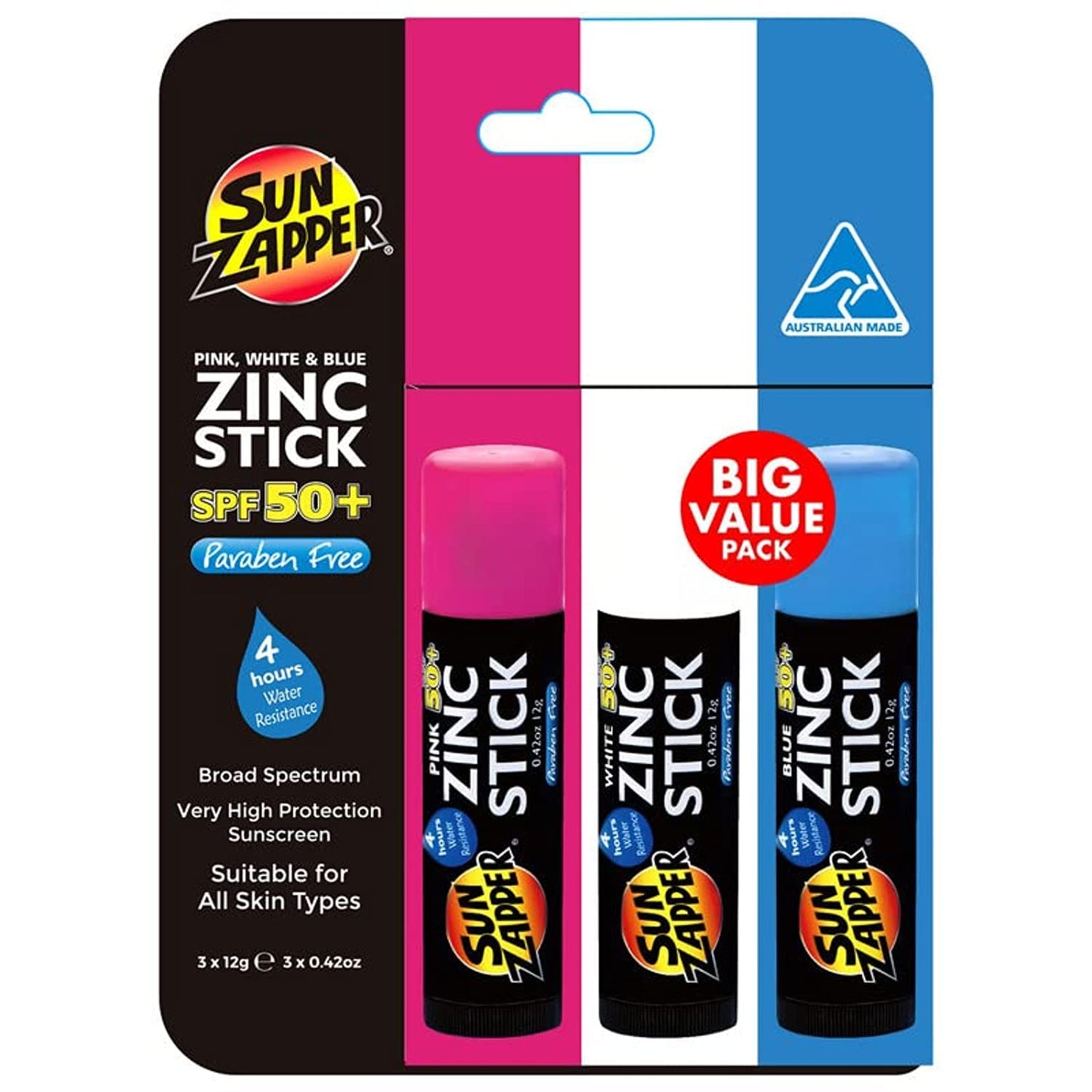 Sun Zapper Zinc Oxide Sunscreen - Pink, White & Blue - SPF 50+ Very High Sun Protection Waterproof Sunblock for Face & Body, Adults, Kids, Baby - Travel Stick