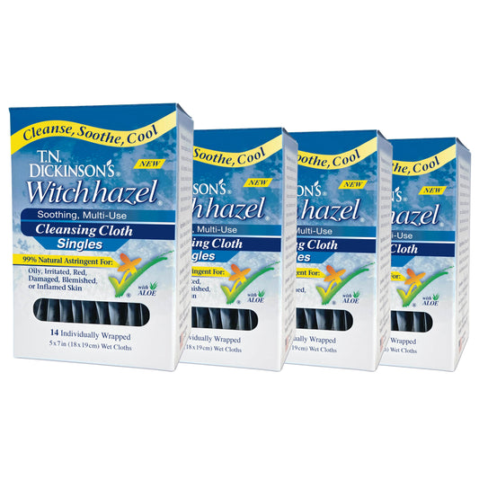 T.N. Dickinson's Witch Hazel On-The-go Multi-use Cleansing Cloth Towelette Singles, 14 Count (Pack of 4)