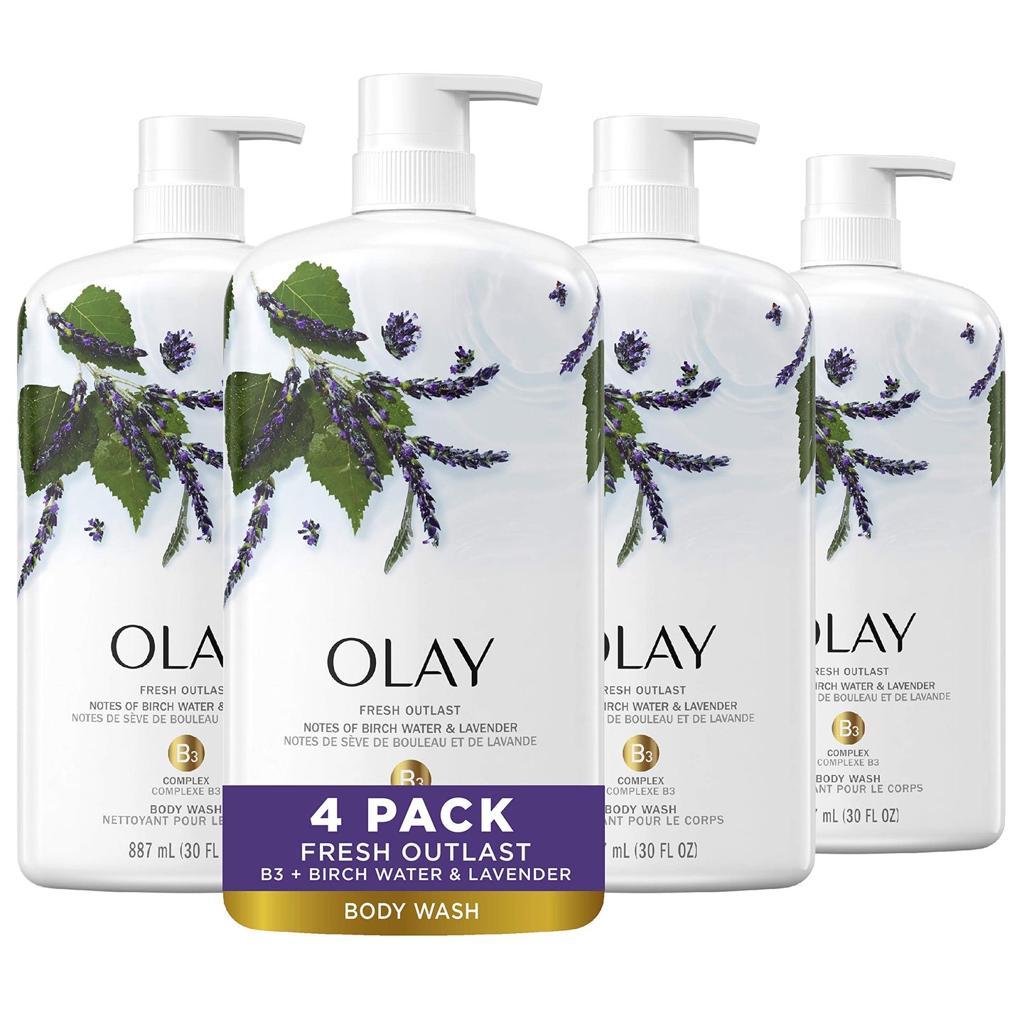 Olay Fresh Outlast Body Wash, Birch Water & Lavender, 30 fl oz, (Pack of 4)