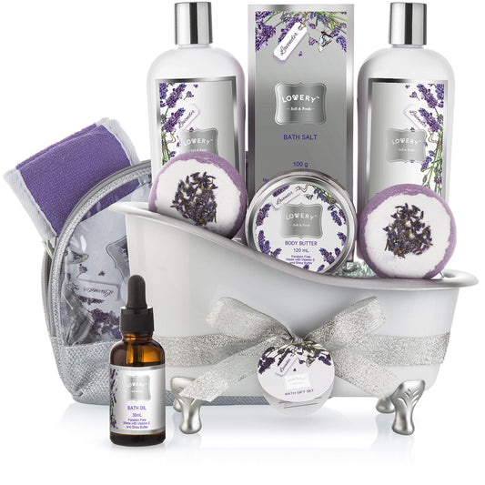 Valentines Bath Gift Basket Set for Women: Relaxing at Home Spa Kit Scented - Lavender and Jasmine with Large Bath Bombs, Salts, Shower Gel, Body Butter Lotion, Bath Oil, Bubble Bath, Loofah & More