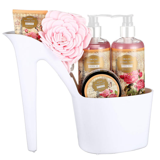 Valentines Day Spa Gift Basket For Her - Rose Scented Spa Basket For Women 5 Pcs Heel Shoe Home Relaxation Set with Body Lotion & Butter, Shower Gel, Bubble Bath Anniversary Gift Idea By Draizee