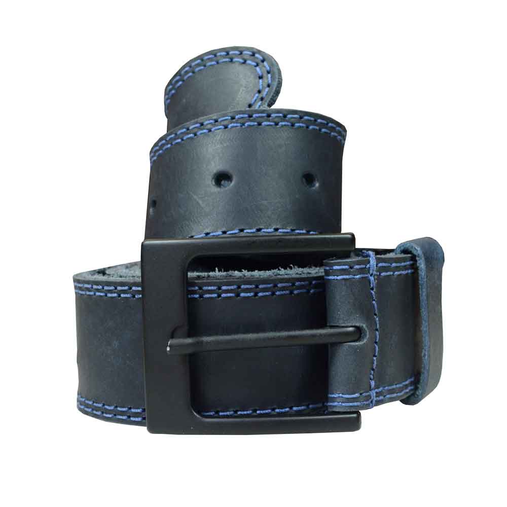 Two Row Stitch Leather Belt / Rustic Charcoal Buckle, 1.5" Wide