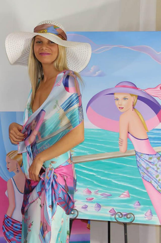 Silk Scarf Palm Beach Purple Printed Silk Satin Scarf with Fringe