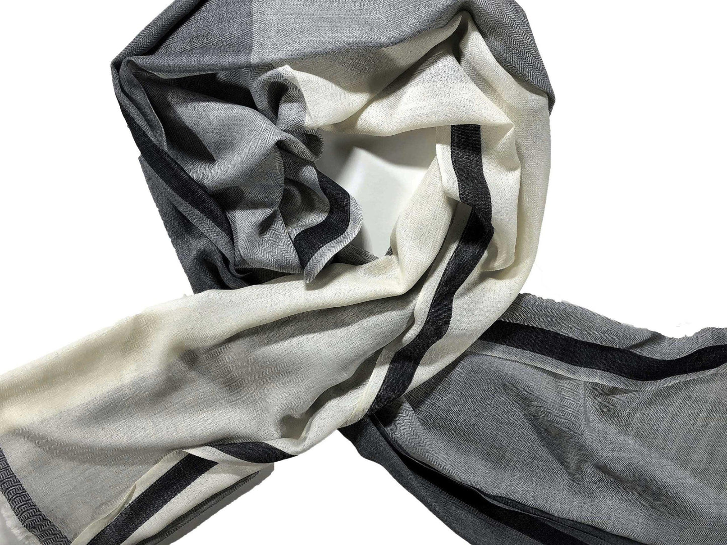 Black and White Ombre Herringbone Wool and Silk Scarf