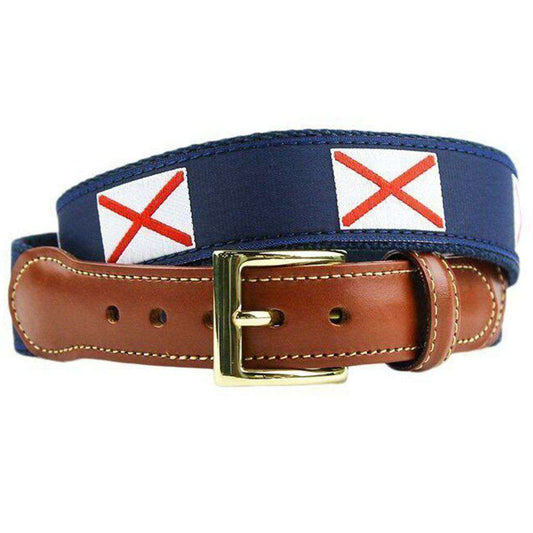 Alabama Flag Leather Tab Belt in Navy on Navy Canvas by Country Club Prep - Country Club Prep