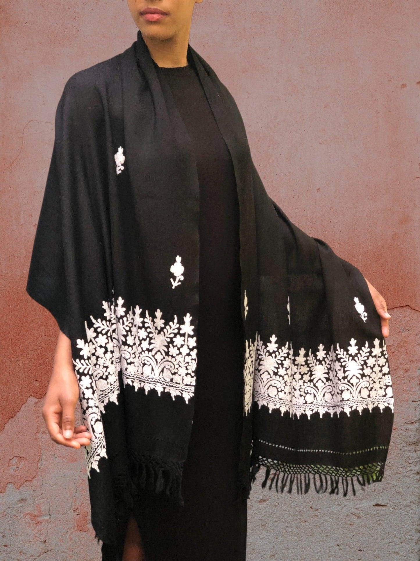 Black and White Embroidered Wool Wrap
