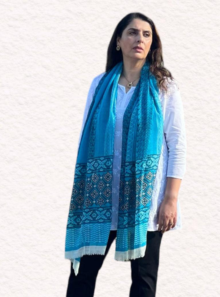 Turquoise Hand Painted Wool And Silk Blend Scarf