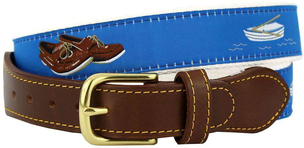 Boat Shoes Leather Tab Belt in Blue Ribbon with White Canvas Backing by Knot Belt Co. - Country Club Prep