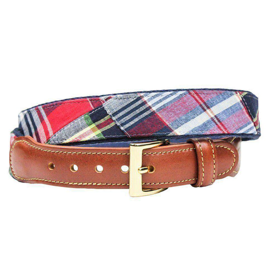 Cape Cod Madras Leather Tab Belt on Navy Canvas by Country Club Prep - Country Club Prep