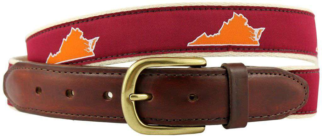 VA Blacksburg Gameday Leather Tab Belt in Maroon Ribbon w/ White Canvas Backing by State Traditions - Country Club Prep
