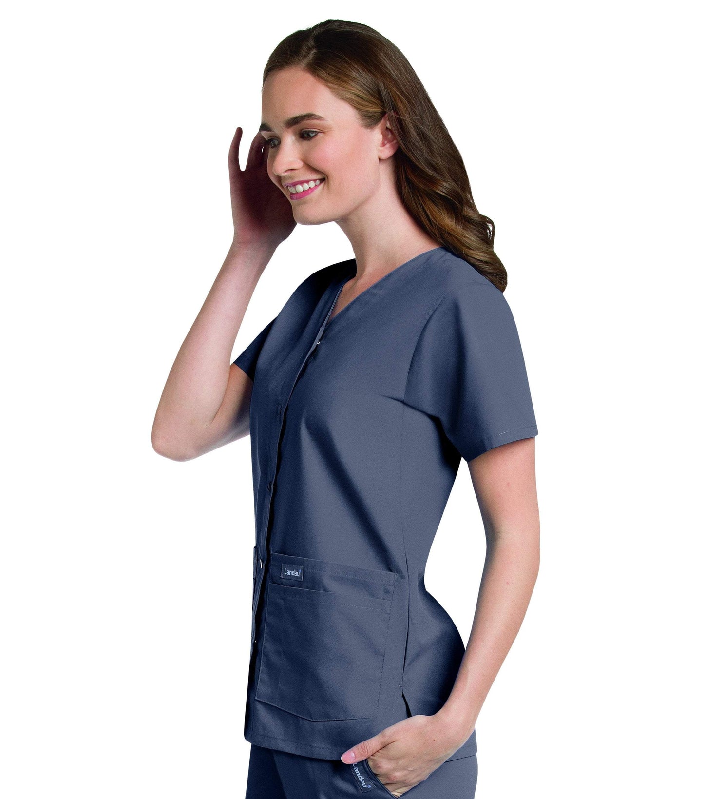 Women's Snap Front V-Neck Tunic Top, 2XL to 5XL, by Landau