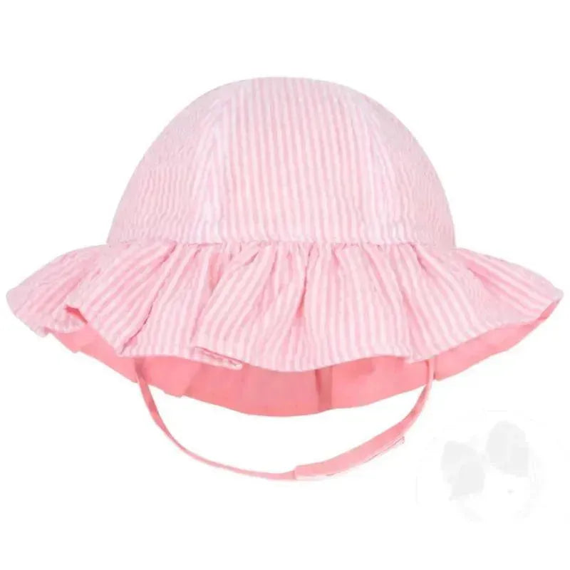 Wee Ones - Girls Reversible Ruffle Brim Seersucker Sun Hat, Pink Stripes